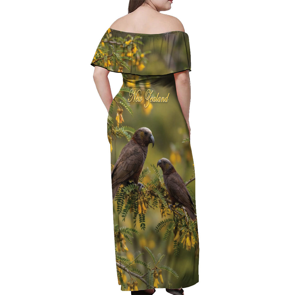 New Zealand Kaka Bird Off Shoulder Maxi Dress Kowhai Flower Landscape Style LT22 - Polynesian Pride