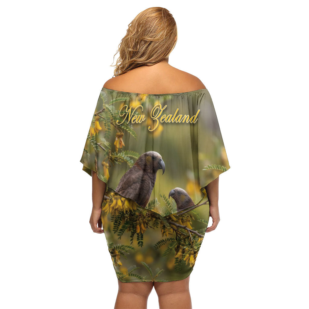 New Zealand Kaka Bird Off Shoulder Short Dress Kowhai Flower Landscape Style LT22 - Polynesian Pride