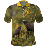 New Zealand Kaka Bird Polo Shirt Kowhai Flower Landscape Style LT22 Green - Polynesian Pride