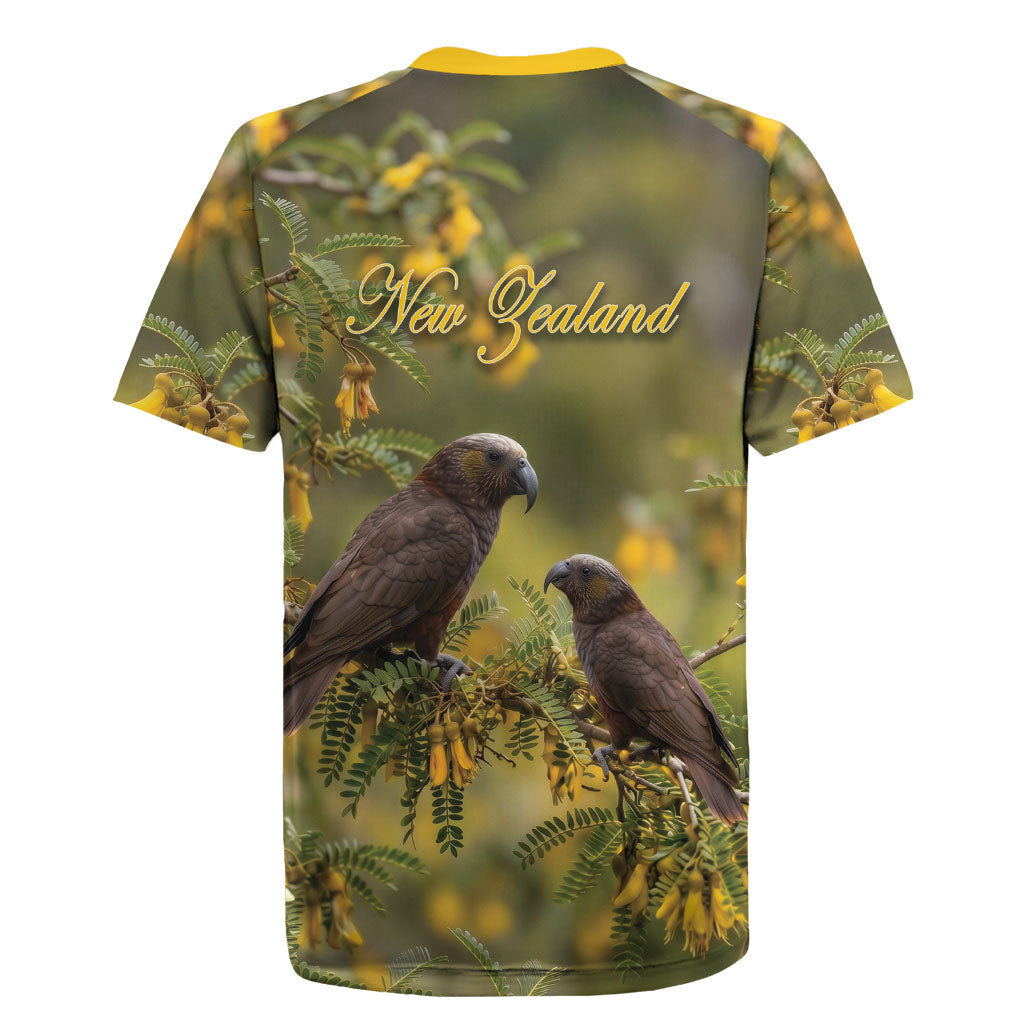 New Zealand Kaka Bird Rugby Jersey Kowhai Flower Landscape Style