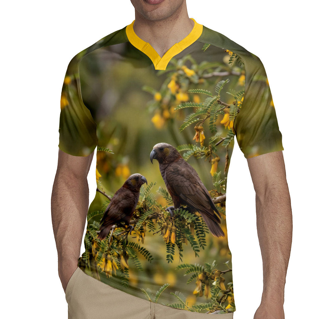 New Zealand Kaka Bird Rugby Jersey Kowhai Flower Landscape Style