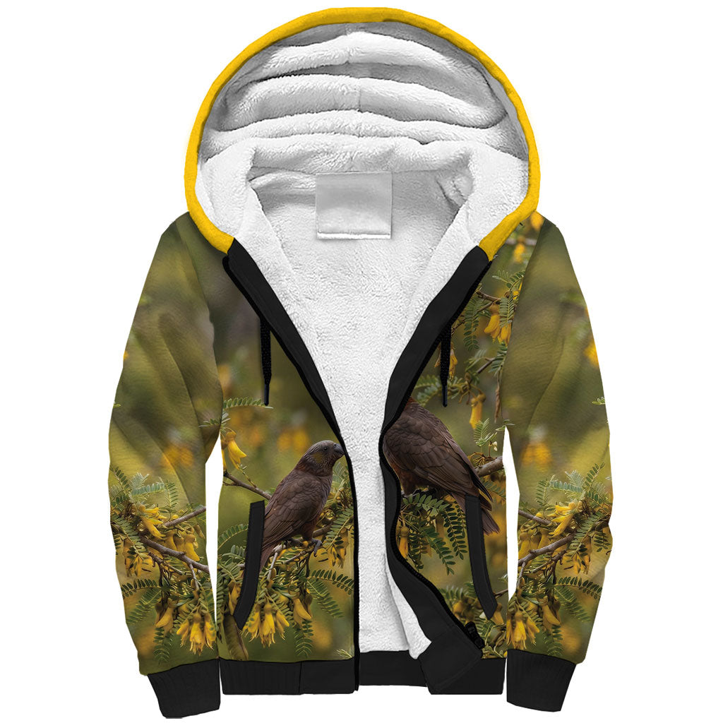New Zealand Kaka Bird Sherpa Hoodie Kowhai Flower Landscape Style LT22 Unisex Green - Polynesian Pride