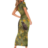 New Zealand Kaka Bird Short Sleeve Bodycon Dress Kowhai Flower Landscape Style LT22 - Polynesian Pride