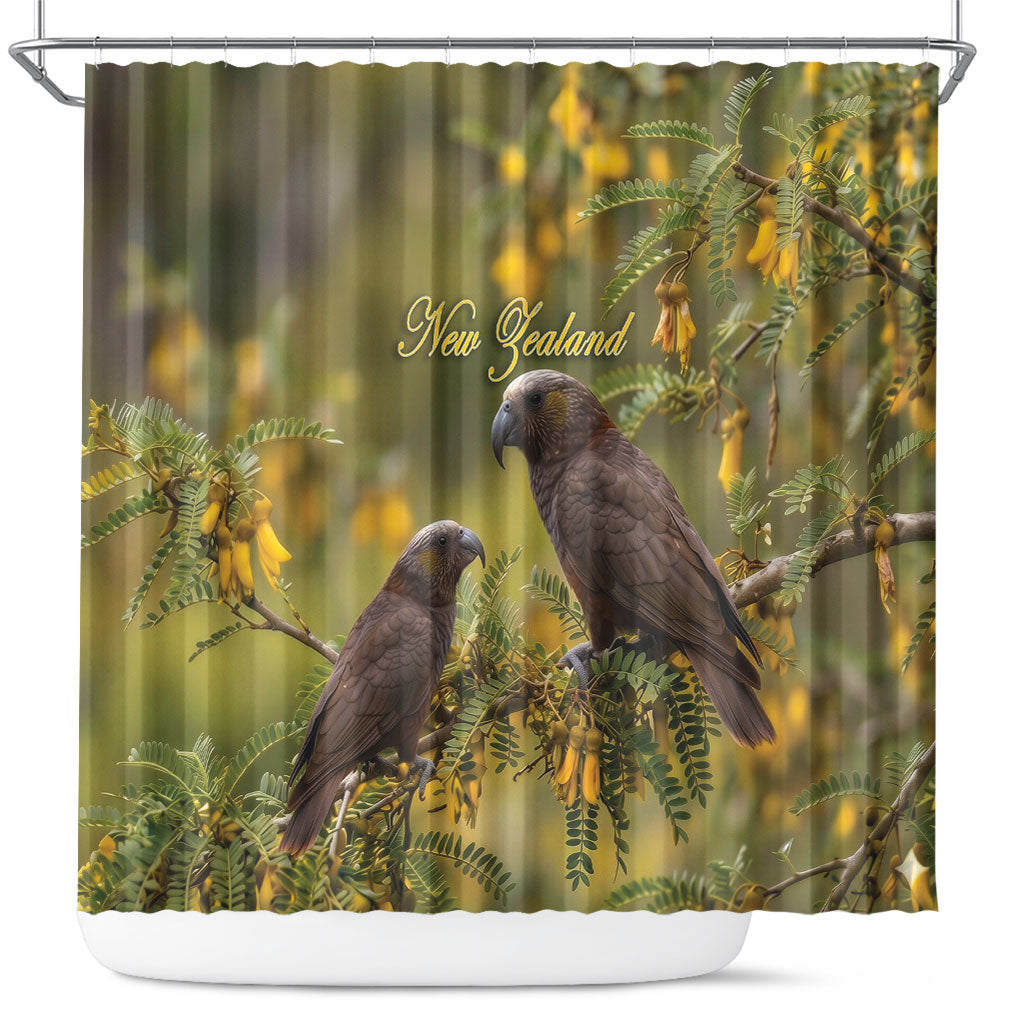 New Zealand Kaka Bird Shower Curtain Kowhai Flower Landscape Style