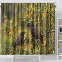 New Zealand Kaka Bird Shower Curtain Kowhai Flower Landscape Style