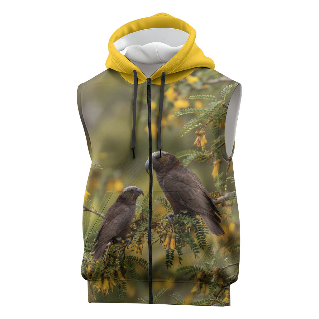 New Zealand Kaka Bird Sleeveless Zip Hoodie Kowhai Flower Landscape Style