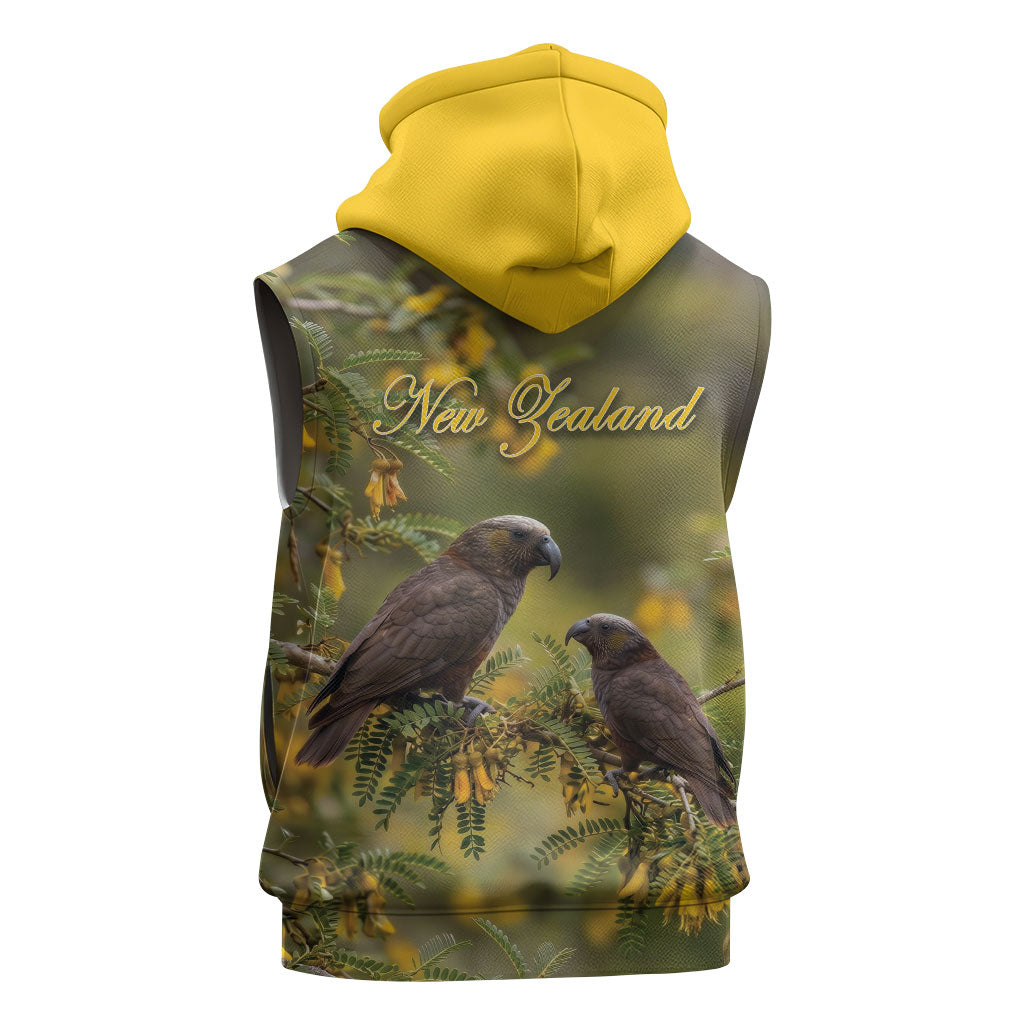 New Zealand Kaka Bird Sleeveless Zip Hoodie Kowhai Flower Landscape Style LT22 - Polynesian Pride