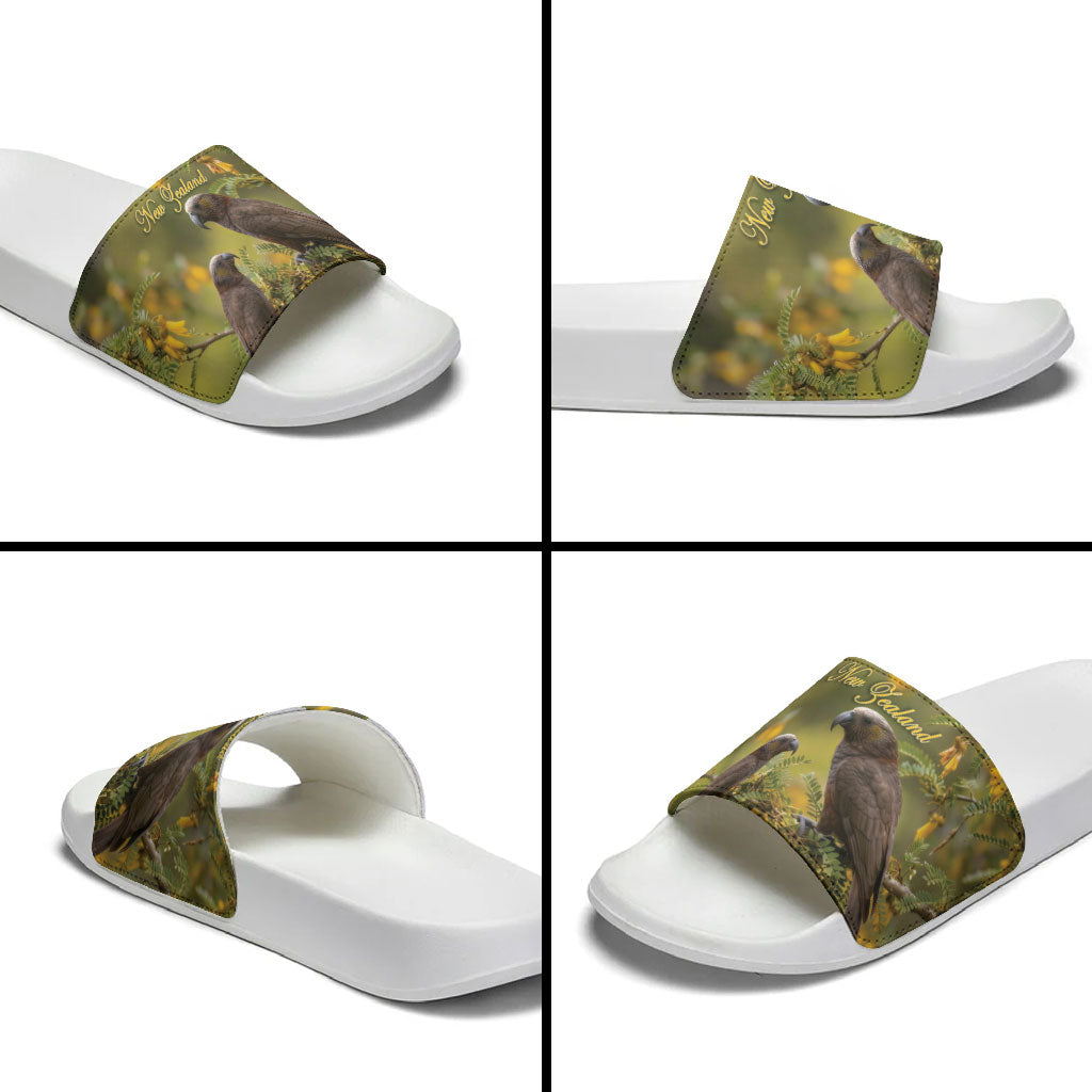 New Zealand Kaka Bird Slide Sandals Kowhai Flower Landscape Style