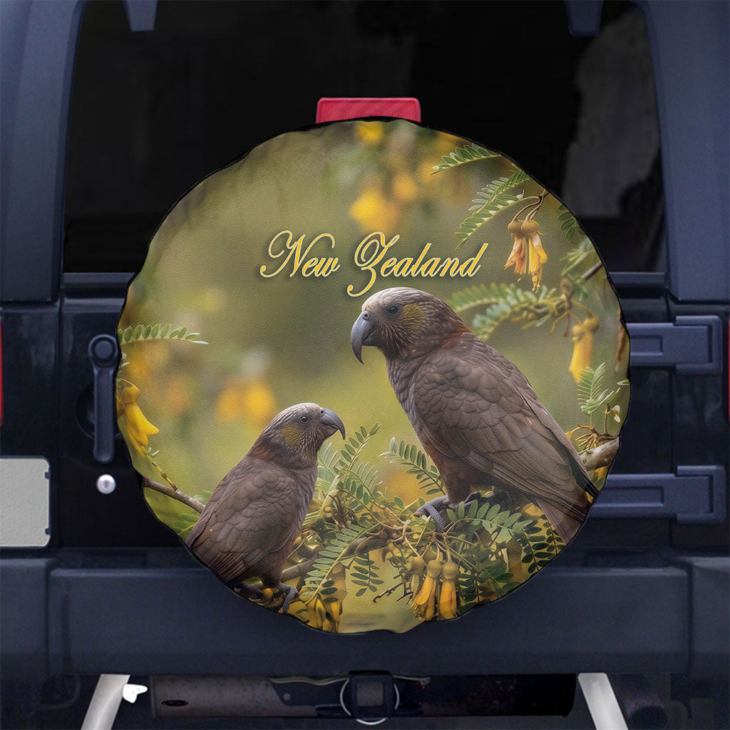 New Zealand Kaka Bird Spare Tire Cover Kowhai Flower Landscape Style LT22 No hole Green - Polynesian Pride