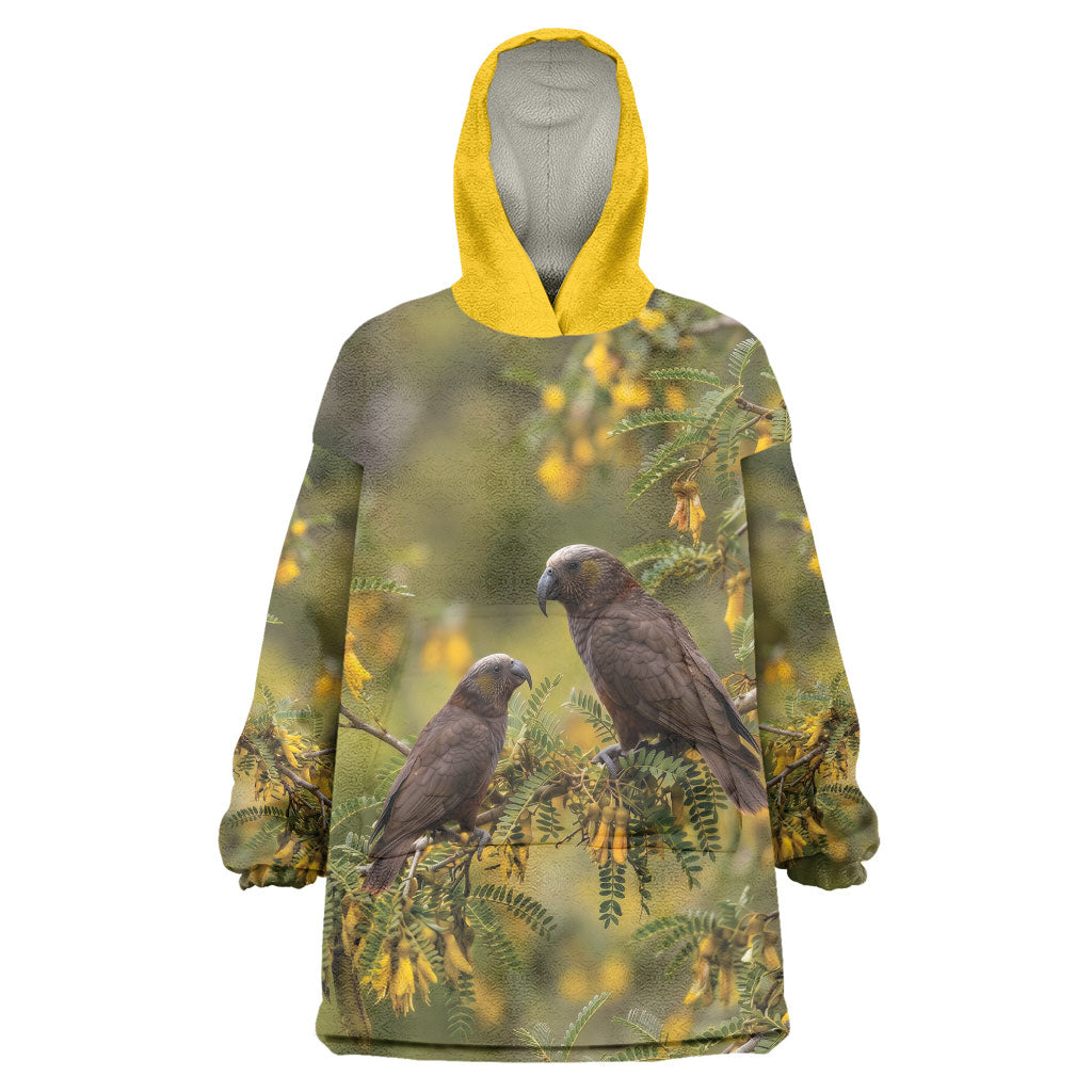 New Zealand Kaka Bird Wearable Blanket Hoodie Kowhai Flower Landscape Style LT22 One Size Green - Polynesian Pride