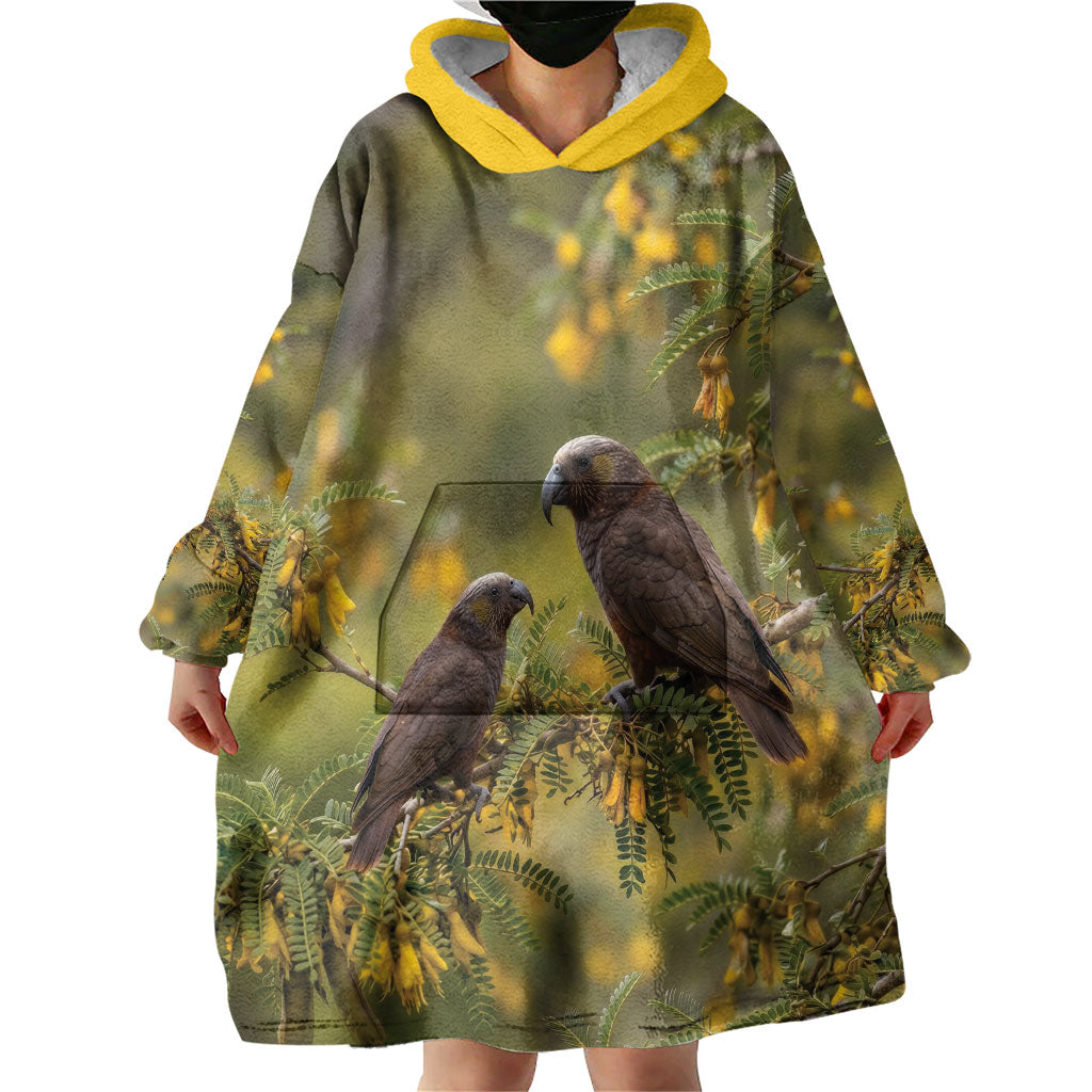 New Zealand Kaka Bird Wearable Blanket Hoodie Kowhai Flower Landscape Style LT22 - Polynesian Pride