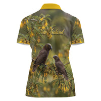 New Zealand Kaka Bird Women Polo Shirt Kowhai Flower Landscape Style LT22 - Polynesian Pride