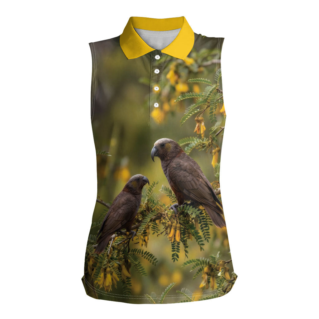New Zealand Kaka Bird Women Sleeveless Polo Shirt Kowhai Flower Landscape Style LT22 Female Green - Polynesian Pride