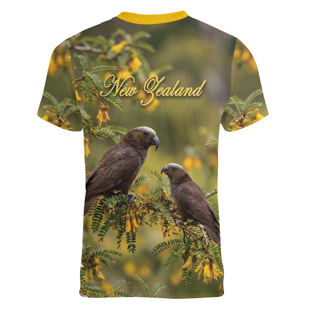 New Zealand Kaka Bird Women V-Neck T-Shirt Kowhai Flower Landscape Style LT22 - Polynesian Pride
