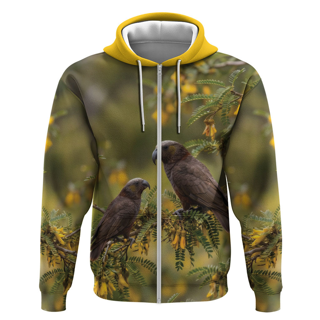 New Zealand Kaka Bird Zip Hoodie Kowhai Flower Landscape Style LT22 Zip Hoodie Green - Polynesian Pride