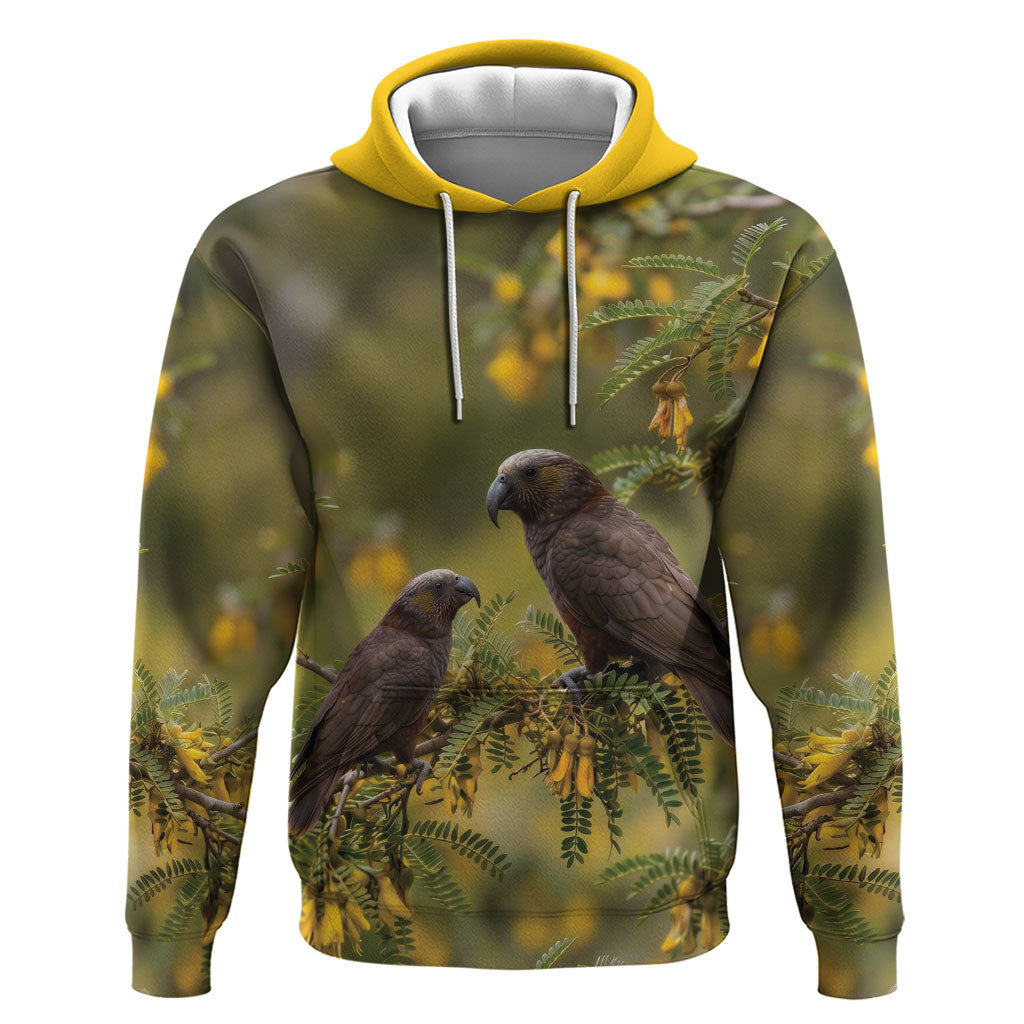New Zealand Kaka Bird Zip Hoodie Kowhai Flower Landscape Style LT22 Pullover Hoodie Green - Polynesian Pride