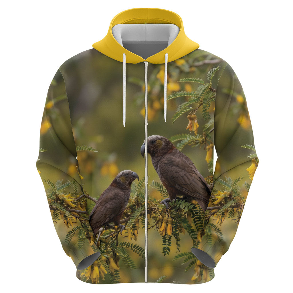 New Zealand Kaka Bird Zip Hoodie Kowhai Flower Landscape Style LT22 - Polynesian Pride