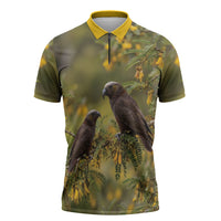 New Zealand Kaka Bird Zipper Polo Shirt Kowhai Flower Landscape Style LT22 Green - Polynesian Pride