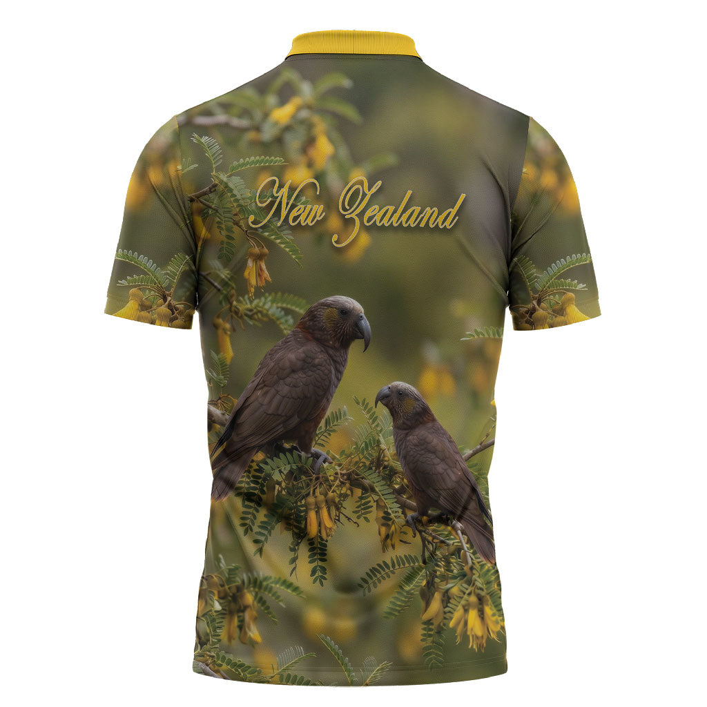 New Zealand Kaka Bird Zipper Polo Shirt Kowhai Flower Landscape Style LT22 - Polynesian Pride