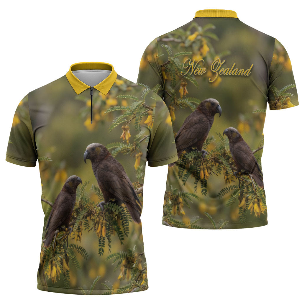 New Zealand Kaka Bird Zipper Polo Shirt Kowhai Flower Landscape Style LT22 - Polynesian Pride