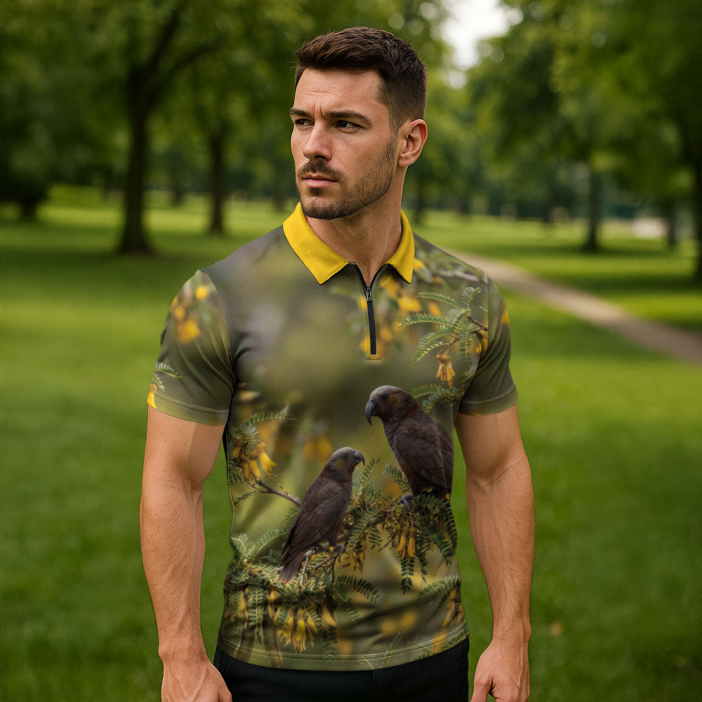 New Zealand Kaka Bird Zipper Polo Shirt Kowhai Flower Landscape Style LT22 - Polynesian Pride