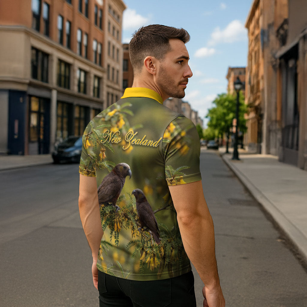 New Zealand Kaka Bird Zipper Polo Shirt Kowhai Flower Landscape Style LT22 - Polynesian Pride