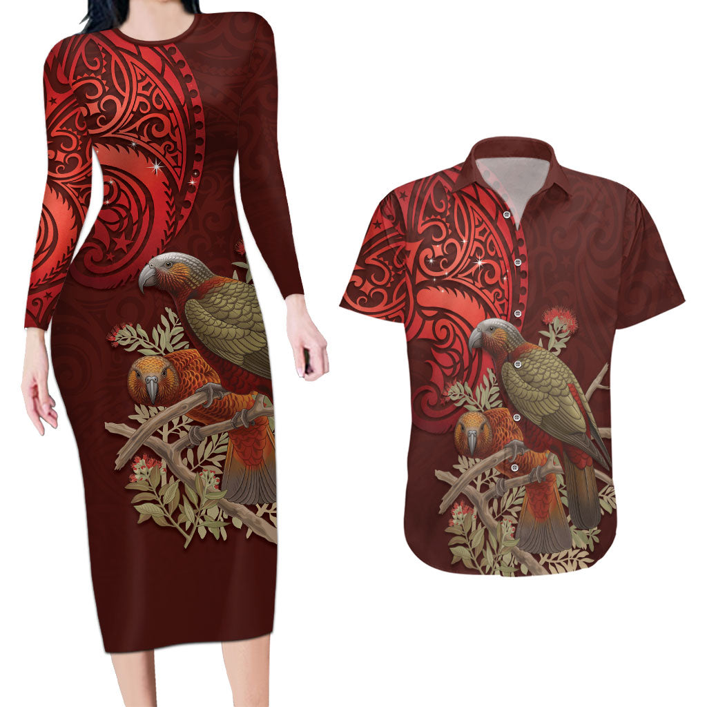 New Zealand Kaka Bird Personalised Couples Matching Long Sleeve Bodycon Dress and Hawaiian Shirt Pohutukawa Matariki Maori Pattern LT22 Red - Polynesian Pride
