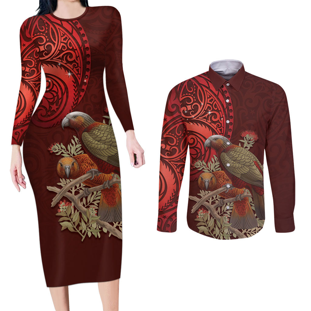New Zealand Kaka Bird Personalised Couples Matching Long Sleeve Bodycon Dress and Long Sleeve Button Shirt Pohutukawa Matariki Maori Pattern LT22 Red - Polynesian Pride