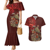 New Zealand Kaka Bird Personalised Couples Matching Mermaid Dress and Hawaiian Shirt Pohutukawa Matariki Maori Pattern LT22 Red - Polynesian Pride