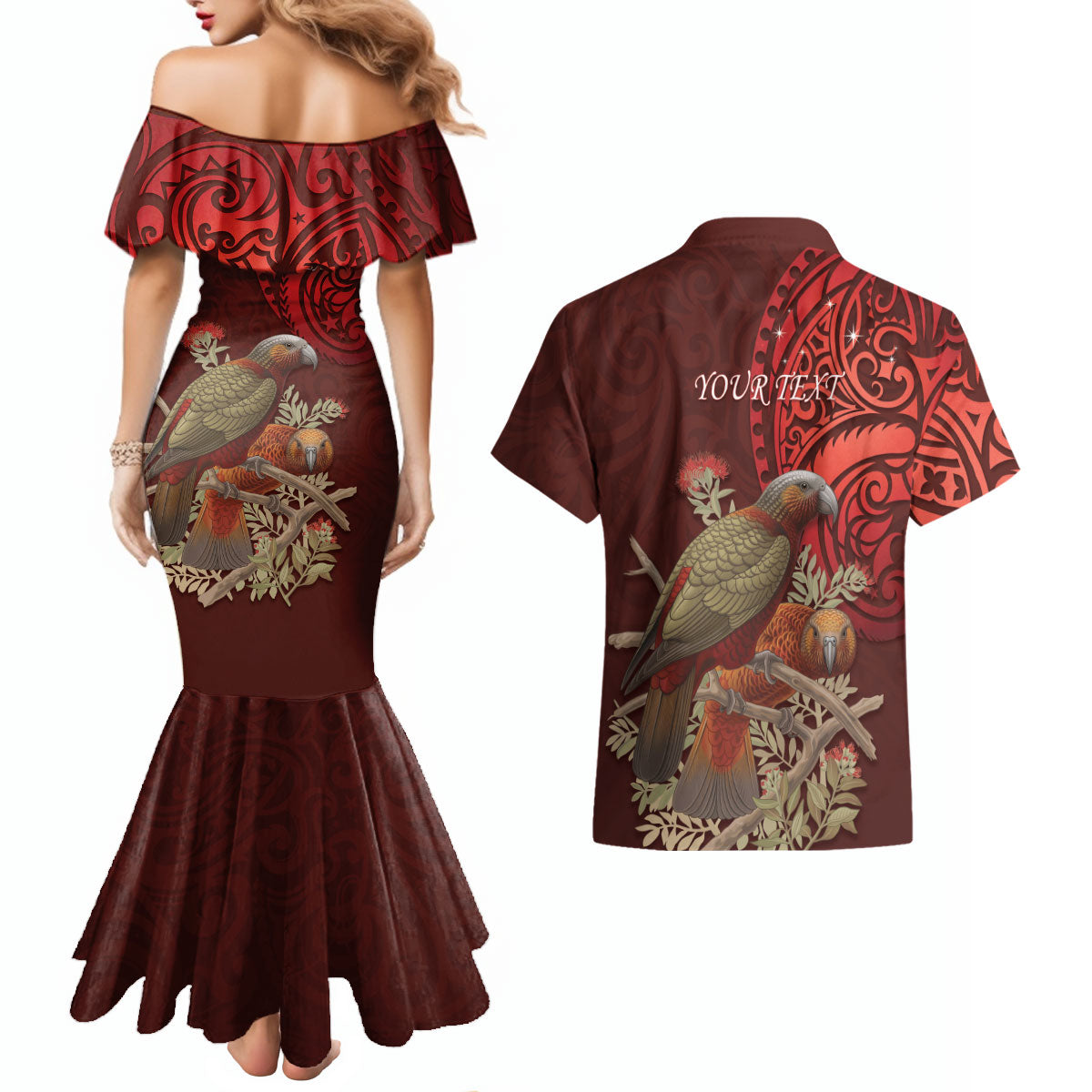 New Zealand Kaka Bird Personalised Couples Matching Mermaid Dress and Hawaiian Shirt Pohutukawa Matariki Maori Pattern LT22 - Polynesian Pride