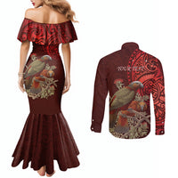 New Zealand Kaka Bird Personalised Couples Matching Mermaid Dress and Long Sleeve Button Shirt Pohutukawa Matariki Maori Pattern LT22 - Polynesian Pride