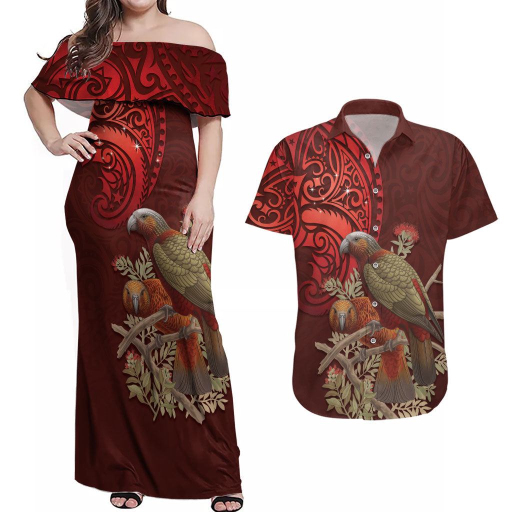 New Zealand Kaka Bird Personalised Couples Matching Off Shoulder Maxi Dress and Hawaiian Shirt Pohutukawa Matariki Maori Pattern LT22 Red - Polynesian Pride