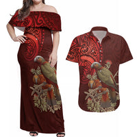 New Zealand Kaka Bird Personalised Couples Matching Off Shoulder Maxi Dress and Hawaiian Shirt Pohutukawa Matariki Maori Pattern LT22 Red - Polynesian Pride