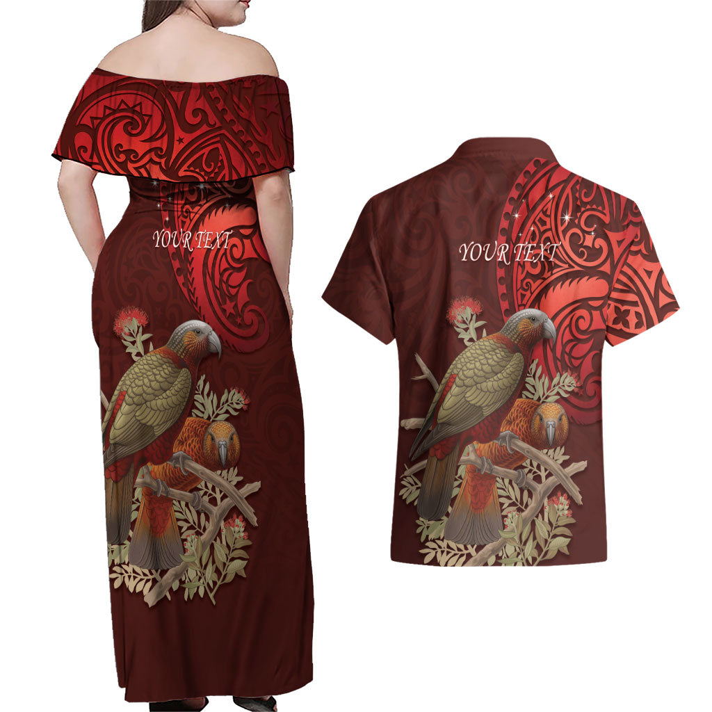 New Zealand Kaka Bird Personalised Couples Matching Off Shoulder Maxi Dress and Hawaiian Shirt Pohutukawa Matariki Maori Pattern LT22 - Polynesian Pride