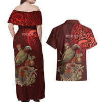 New Zealand Kaka Bird Personalised Couples Matching Off Shoulder Maxi Dress and Hawaiian Shirt Pohutukawa Matariki Maori Pattern LT22 - Polynesian Pride