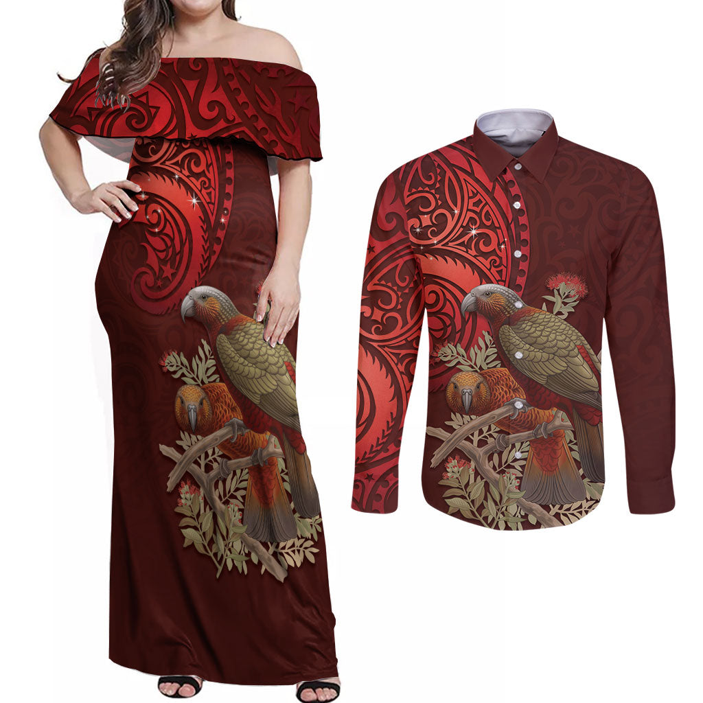 New Zealand Kaka Bird Personalised Couples Matching Off Shoulder Maxi Dress and Long Sleeve Button Shirt Pohutukawa Matariki Maori Pattern LT22 Red - Polynesian Pride