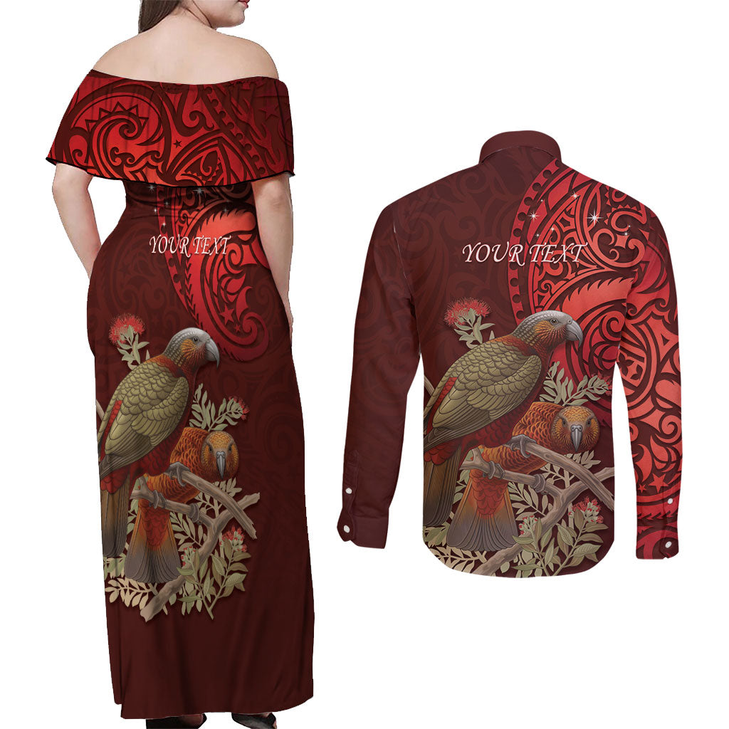 New Zealand Kaka Bird Personalised Couples Matching Off Shoulder Maxi Dress and Long Sleeve Button Shirt Pohutukawa Matariki Maori Pattern LT22 - Polynesian Pride