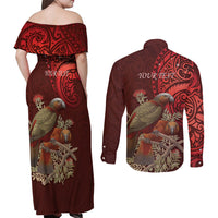 New Zealand Kaka Bird Personalised Couples Matching Off Shoulder Maxi Dress and Long Sleeve Button Shirt Pohutukawa Matariki Maori Pattern LT22 - Polynesian Pride