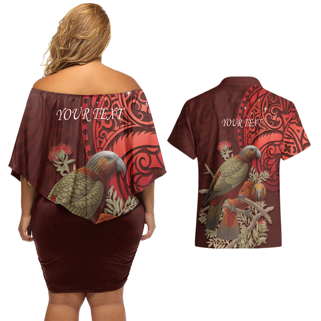 New Zealand Kaka Bird Personalised Couples Matching Off Shoulder Short Dress and Hawaiian Shirt Pohutukawa Matariki Maori Pattern LT22 - Polynesian Pride