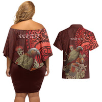 New Zealand Kaka Bird Personalised Couples Matching Off Shoulder Short Dress and Hawaiian Shirt Pohutukawa Matariki Maori Pattern LT22 - Polynesian Pride
