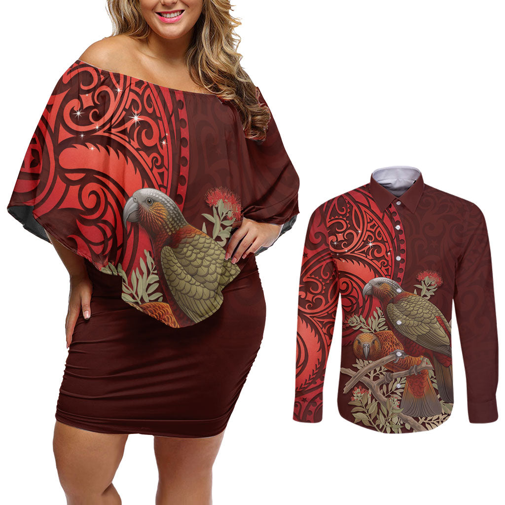 New Zealand Kaka Bird Personalised Couples Matching Off Shoulder Short Dress and Long Sleeve Button Shirt Pohutukawa Matariki Maori Pattern LT22 Red - Polynesian Pride
