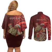 New Zealand Kaka Bird Personalised Couples Matching Off Shoulder Short Dress and Long Sleeve Button Shirt Pohutukawa Matariki Maori Pattern LT22 - Polynesian Pride