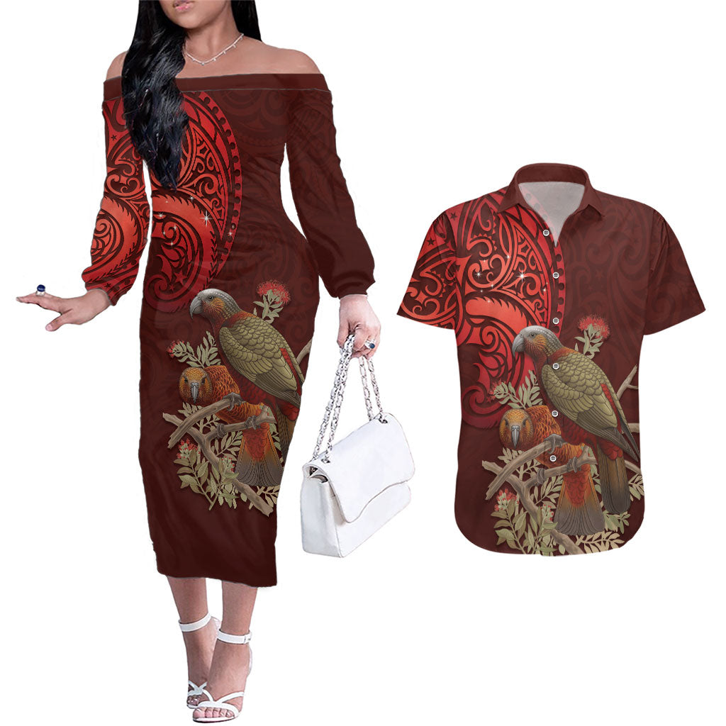 New Zealand Kaka Bird Personalised Couples Matching Off The Shoulder Long Sleeve Dress and Hawaiian Shirt Pohutukawa Matariki Maori Pattern