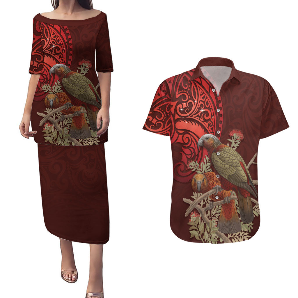 New Zealand Kaka Bird Personalised Couples Matching Puletasi and Hawaiian Shirt Pohutukawa Matariki Maori Pattern LT22 Red - Polynesian Pride