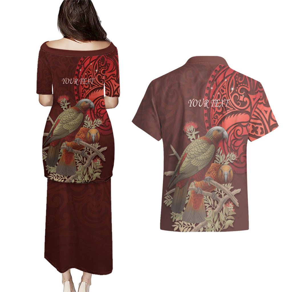 New Zealand Kaka Bird Personalised Couples Matching Puletasi and Hawaiian Shirt Pohutukawa Matariki Maori Pattern LT22 - Polynesian Pride