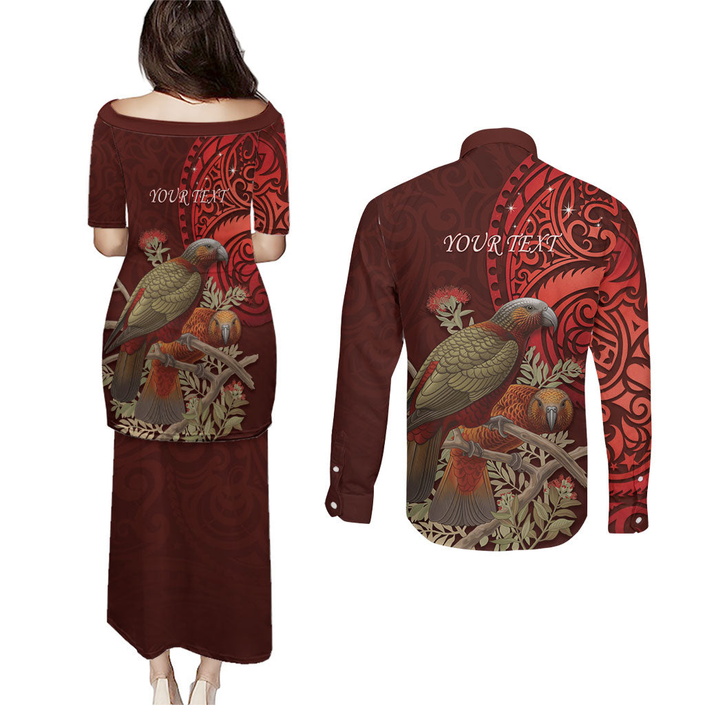 New Zealand Kaka Bird Personalised Couples Matching Puletasi and Long Sleeve Button Shirt Pohutukawa Matariki Maori Pattern LT22 - Polynesian Pride