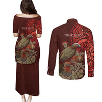 New Zealand Kaka Bird Personalised Couples Matching Puletasi and Long Sleeve Button Shirt Pohutukawa Matariki Maori Pattern LT22 - Polynesian Pride