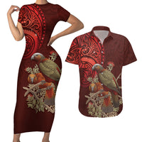 New Zealand Kaka Bird Personalised Couples Matching Short Sleeve Bodycon Dress and Hawaiian Shirt Pohutukawa Matariki Maori Pattern LT22 Red - Polynesian Pride