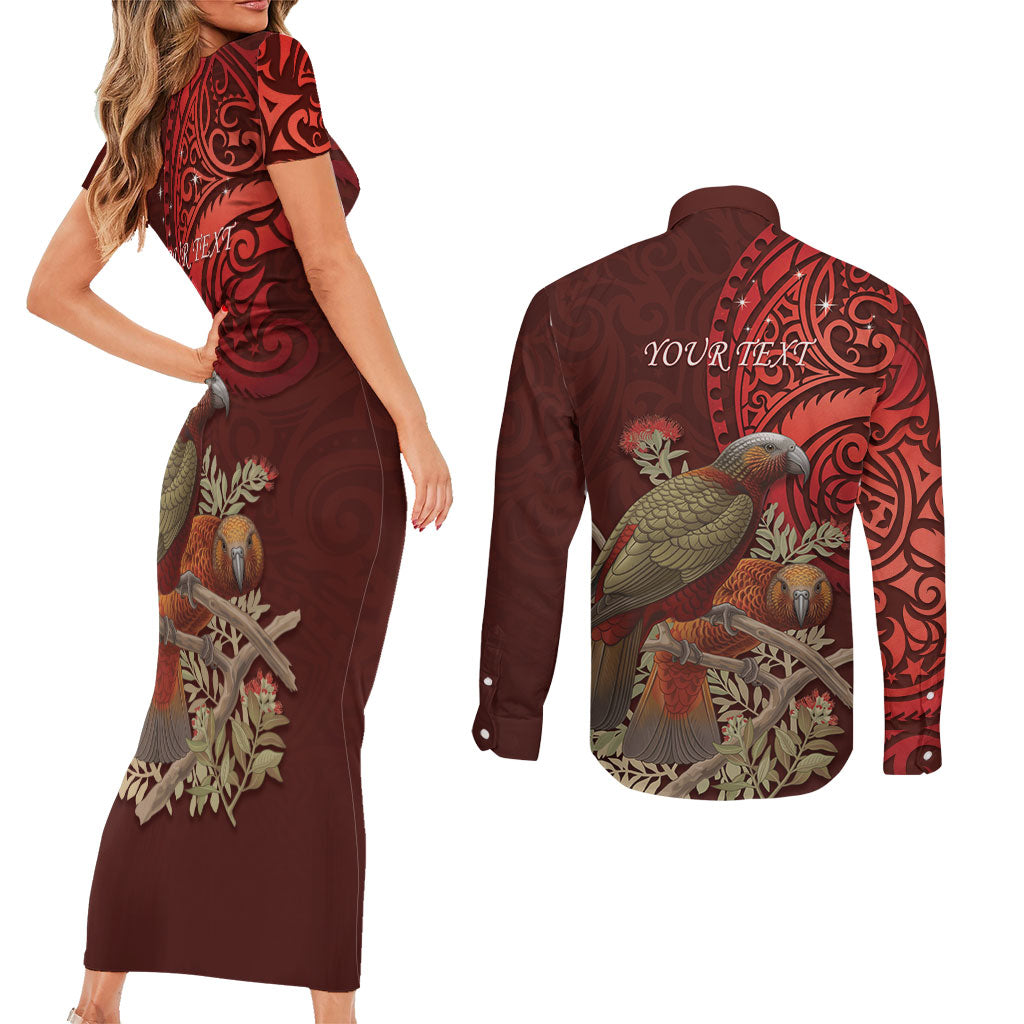 New Zealand Kaka Bird Personalised Couples Matching Short Sleeve Bodycon Dress and Long Sleeve Button Shirt Pohutukawa Matariki Maori Pattern LT22 - Polynesian Pride
