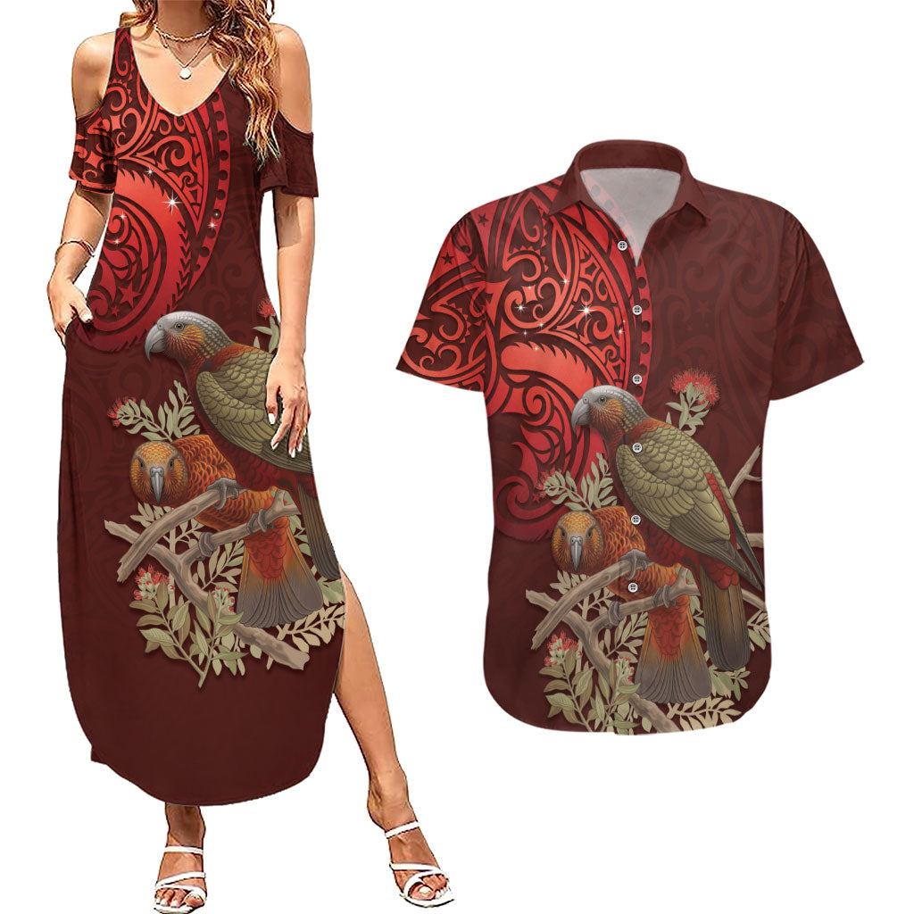 New Zealand Kaka Bird Personalised Couples Matching Summer Maxi Dress and Hawaiian Shirt Pohutukawa Matariki Maori Pattern LT22 Red - Polynesian Pride